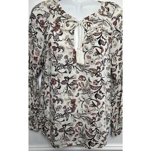Lucky Brand Women S Peasant Top Tunic Blouse Floral Brown Cream L/S Tie Neck